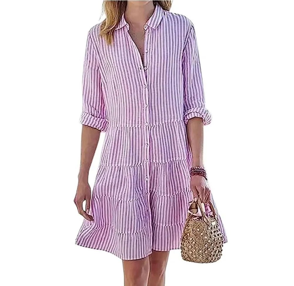 UT COCO Pink and White Striped Tiered Button-Down Shirt Dress with Pockets - Siz